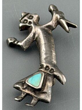 Vintage Southwestern Sterling Silver Kachina Dancer Pin Turquoise Inlay Brooch